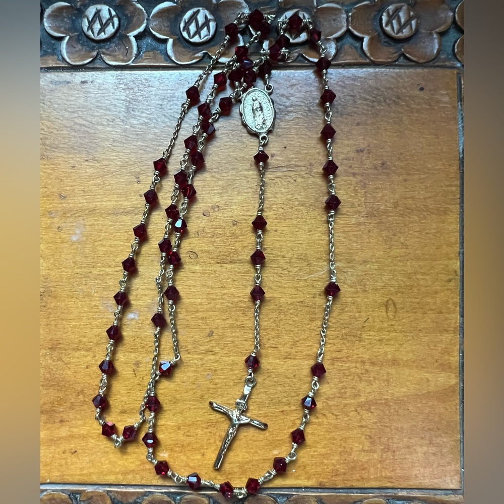 Elegant Red Beaded Rosary Necklace